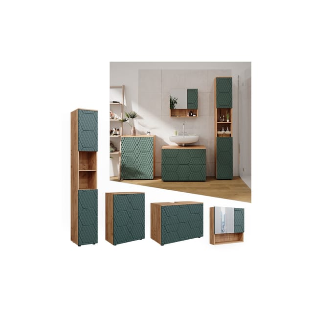 Vicco Badmöbel-Set Irma Goldkraft Eiche/Grün 4 Teile mit Schubladenschrank und Midischrank
