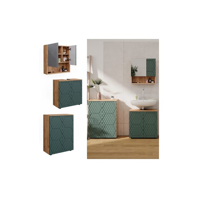 Vicco Badmöbel-Set Irma Goldkraft Eiche/Grün 3 Teile mit Unterschrank 60 cm