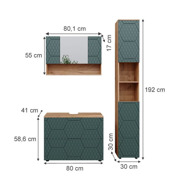 Vicco Badmöbel-Set Irma Goldkraft Eiche/Grün 3 Teile mit Spiegelschrank 80 cm