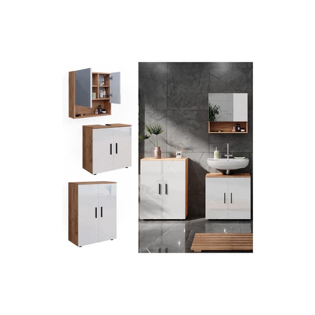 Vicco Badmöbel-Set Irma Eiche/Weiß Hochglanz 3 Teile mit Unterschrank 60 cm