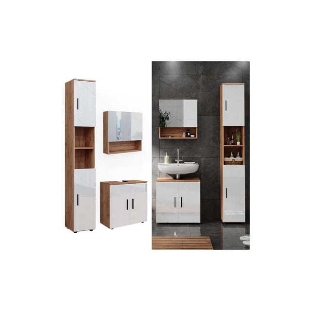 Vicco Badmöbel-Set Irma Eiche/Weiß Hochglanz 3 Teile mit Hochschrank