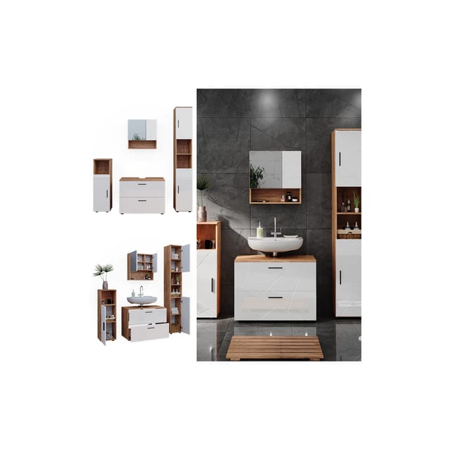 Vicco Badmöbel-Set Irma Eiche/Weiß Hochglanz 4 Teile mit Schubladenschrank und Hochschrank