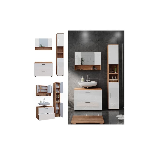 Vicco Badmöbel-Set Irma Eiche/Weiß Hochglanz 3 Teile mit Spiegelschrank 80 cm