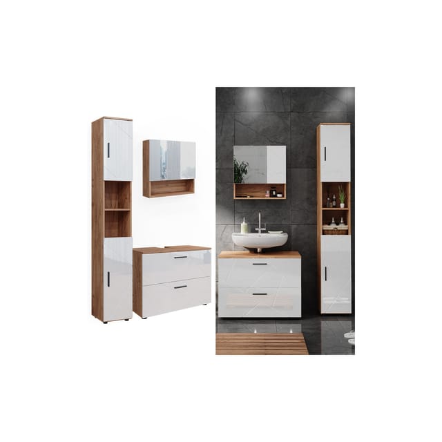 Vicco Badmöbel-Set Irma Eiche/Weiß Hochglanz 3 Teile mit Schubladenschrank und Hochschrank