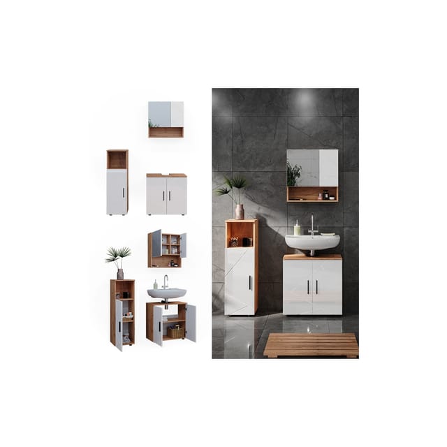 Vicco Badmöbel-Set Irma Eiche/Weiß Hochglanz 3 Teile