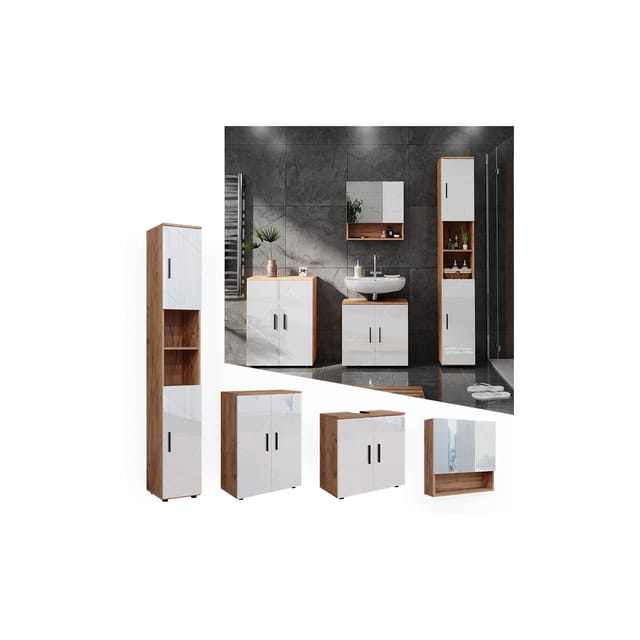 Vicco Badmöbel-Set Irma Eiche/Weiß Hochglanz 4 Teile mit Hochschrank und Kommode