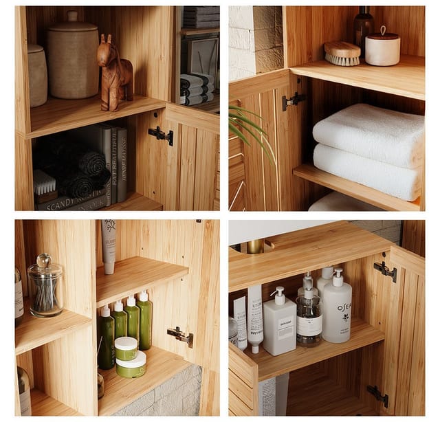 Vicco Badmöbel-Set Lucie Bambus 4 Teile mit Midischrank und Hochschrank