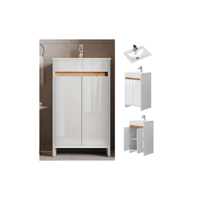 Vicco Badmöbel-Set Lemgo Weiß/Weiß Hochglanz 2 Teile mit Waschbecken und 2 Flügeltüren