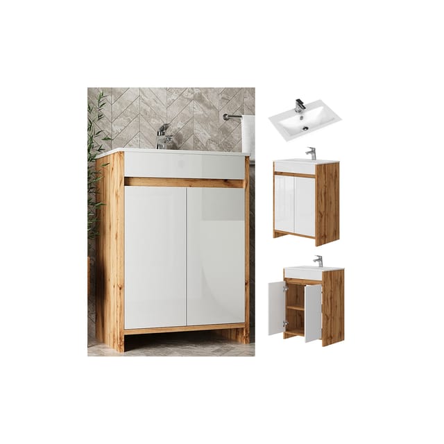 Vicco Waschtischset Lemgo Goldkraft Eiche/Weiß Hochglanz 2 Teile