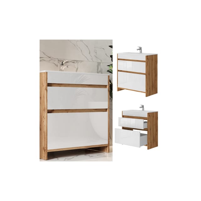 Vicco Waschbeckenunterschrank Detmold Goldkraft Eiche/Weiß Hochglanz 2 Teile Unterschrank 80 cm