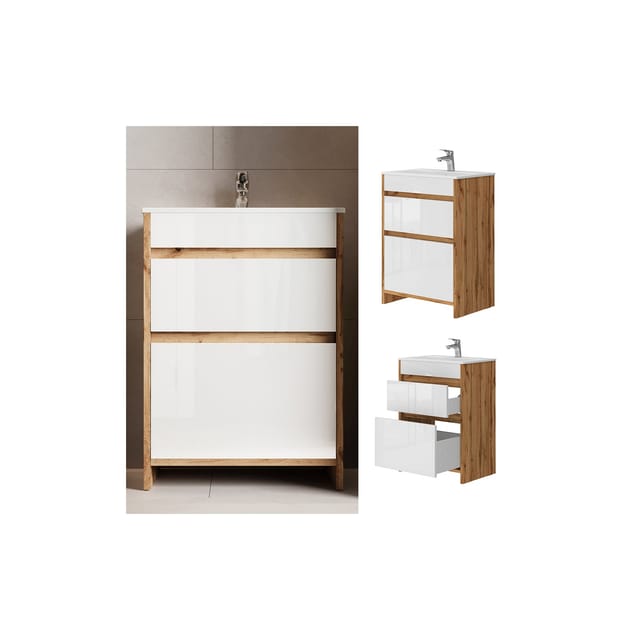 Vicco Badmöbel-Set Detmold Goldkraft Eiche/Weiß 2 Teile Unterschrank 60 cm