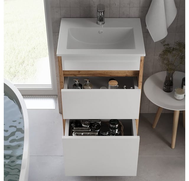 Vicco Badmöbel-Set Detmold Goldkraft Eiche/Weiß Hochglanz 2 Teile mit Waschbecken und 2 Schubladen