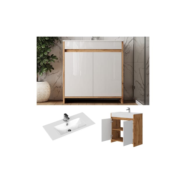 Vicco Waschbeckenunterschrank Lemgo Goldkraft Eiche/Weiß Hochglanz 2 Teile