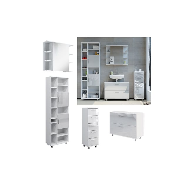 Vicco Badmöbel-Set Ilias Weiß Hochglanz 4 Teile mit Hochschrank