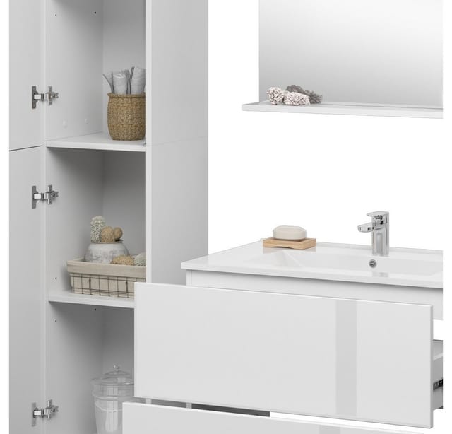 Vicco Badmöbel-Set Izan Weiß Hochglanz 4 Teile mit Hochschrank