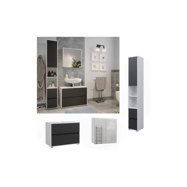 Vicco Badmöbel-Set Maltin Weiß/Anthrazit 3 Teile mit Hochschrank