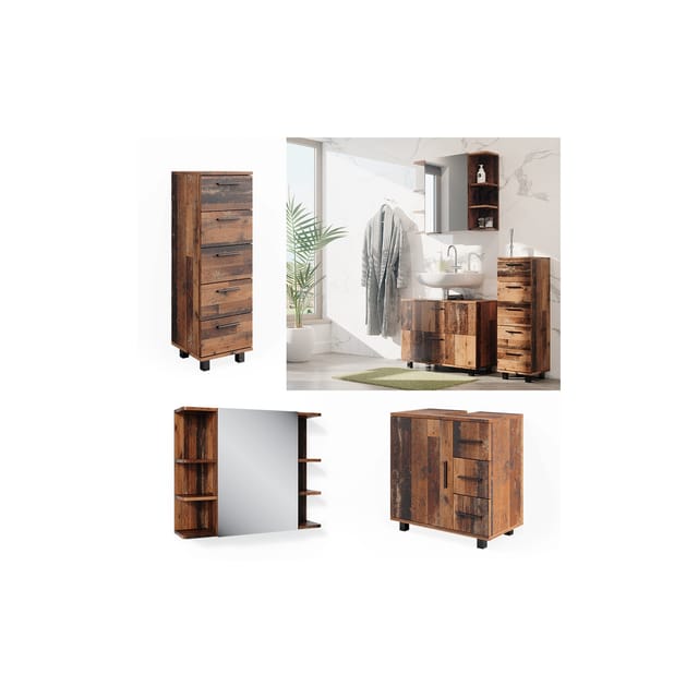 Vicco Badmöbel-Set Ilias Eiche Rustikal 3 Teile mit Unterschrank 80 cm