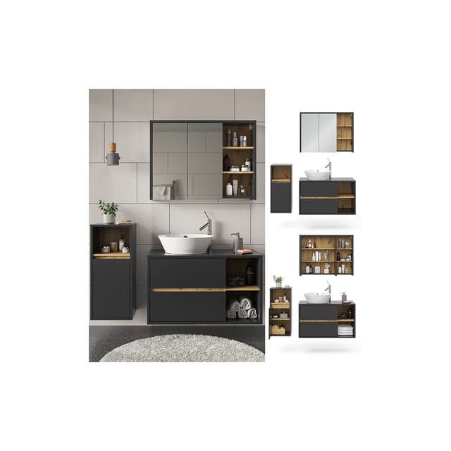 Vicco Badmöbel-Set Viola Anthrazit/Eiche 3 Teile mit Midischrank
