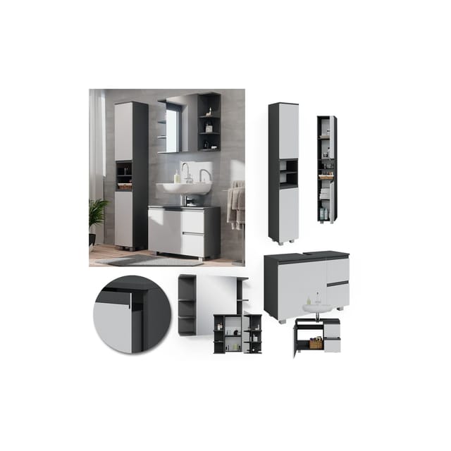Vicco Badmöbel-Set J-Shape Weiß/Anthrazit 3 Teile mit Hochschrank