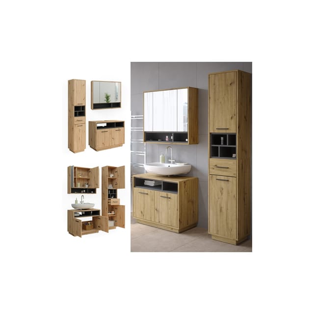 Vicco Badmöbel-Set Beatrice Eiche/Anthrazit 3 Teile mit Hochschrank
