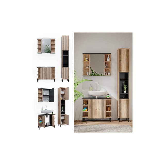 Vicco Badmöbel-Set Aquis Sonoma/Anthrazit 3 Teile mit Hochschrank