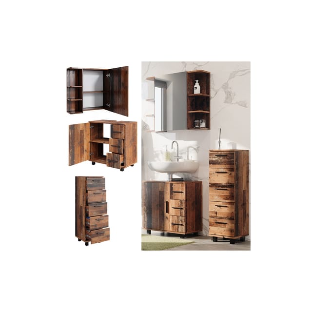 Vicco Badmöbel-Set Ilias Eiche Rustikal 3 Teile mit Midischrank