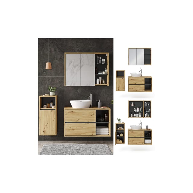 Vicco Badmöbel-Set Viola Goldkraft Eiche/Anthrazit 3 Teile mit Midischrank