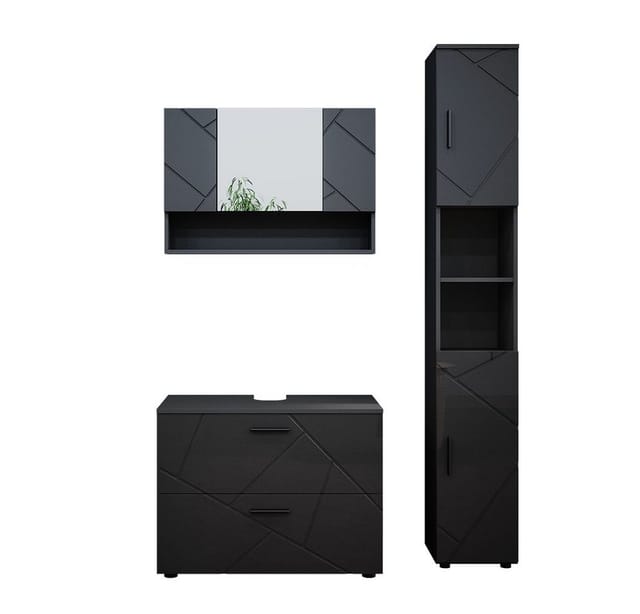 Vicco Badmöbel-Set Irma Anthrazit Hochglanz 3 Teile mit Spiegelschrank 80 cm