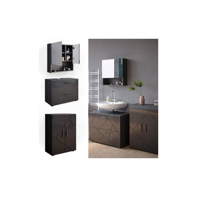 Vicco Badmöbel-Set Irma Anthrazit Hochglanz 3 Teile mit Unterschrank 80 cm