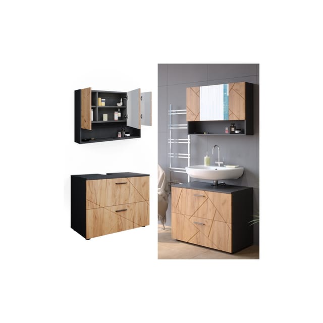 Vicco Badmöbel-Set Irma Anthrazit/Eiche 2 Teile Unterschrank 80 cm