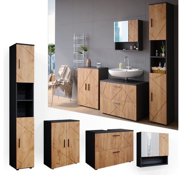 Vicco Badmöbel-Set Irma Anthrazit/Eiche 4 Teile mit Schubladenschrank und Midischrank