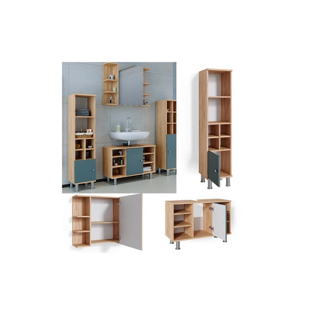 Vicco Badmöbel-Set Fynn Grün/Goldkraft Eiche 3 Teile mit Midischrank Tür Klein
