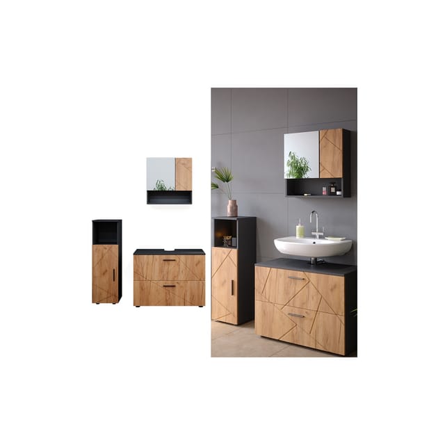 Vicco Badmöbel-Set Irma Anthrazit/Eiche 3 Teile mit Midischrank