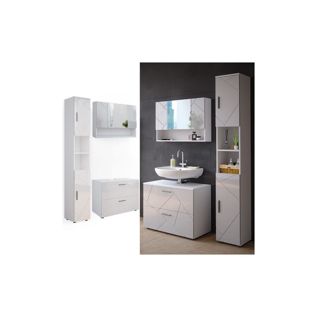 Vicco Badmöbel-Set Irma Weiß Hochglanz 3 Teile mit Spiegelschrank 80 cm