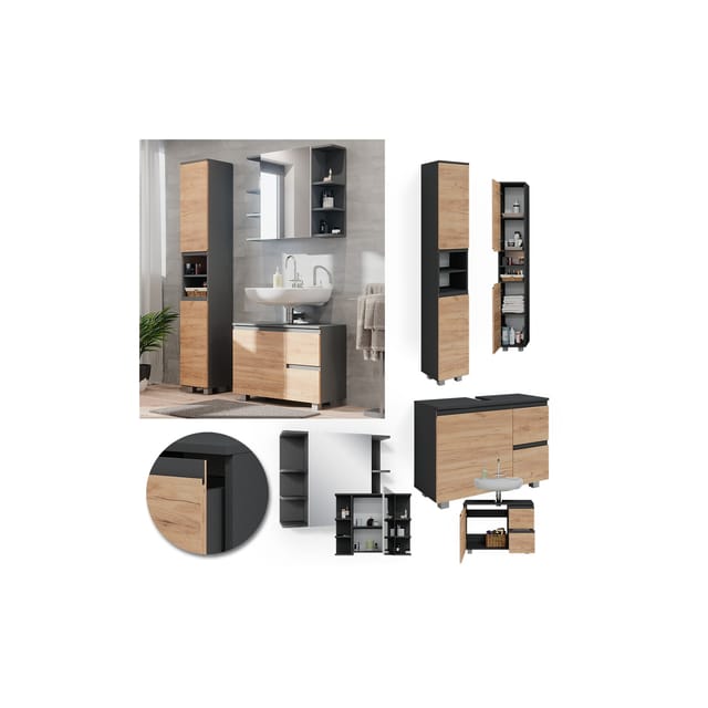 Vicco Badmöbel-Set J-Shape Anthrazit/Eiche 3 Teile mit Hochschrank