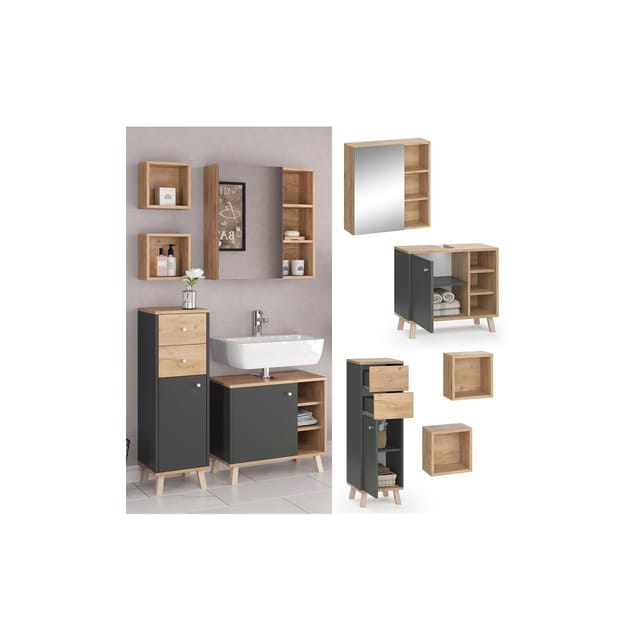 Vicco Badmöbel-Set Senyo Anthrazit/Goldkraft Eiche 4 Teile