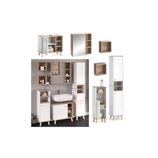 Vicco Badmöbel-Set Senyo Weiß/Sonoma 5 Teile mit Hochschrank