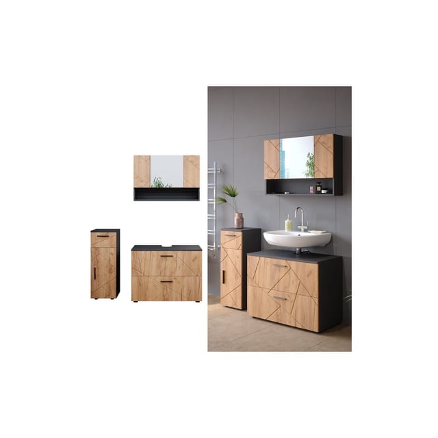 Vicco Badmöbel-Set Irma Anthrazit/Eiche 3 Teile mit Schubladenschrank und Midischrank