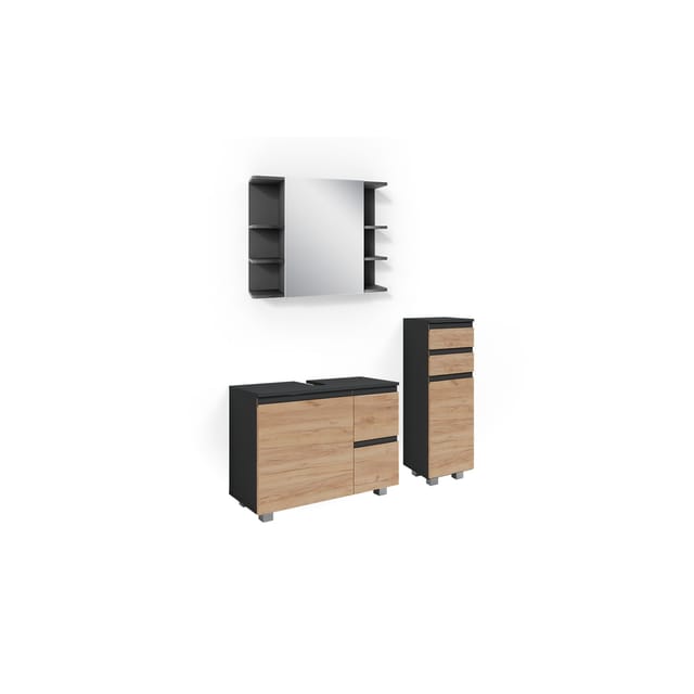 Vicco Badmöbel-Set J-Shape Anthrazit/Goldkraft Eiche 3 Teile