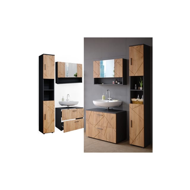 Vicco Badmöbel-Set Irma Anthrazit/Eiche 3 Teile mit Spiegelschrank 80 cm