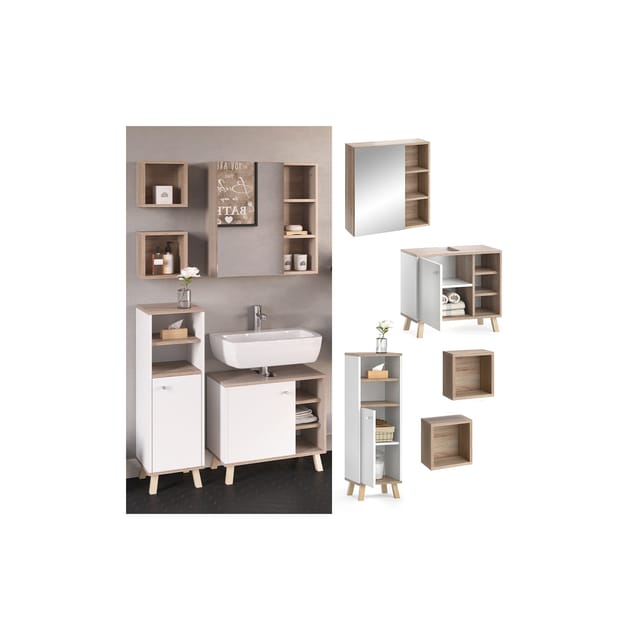 Vicco Badmöbel-Set Senyo Weiß/Sonoma 4 Teile mit Midischrank