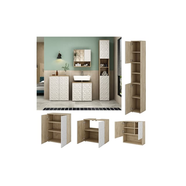 Vicco Badmöbel-Set Edge Weiß/Eiche 4 Teile