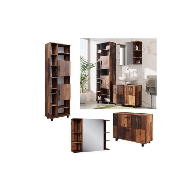 Vicco Badmöbel-Set Ilias Eiche Rustikal 3 Teile mit Hochschrank