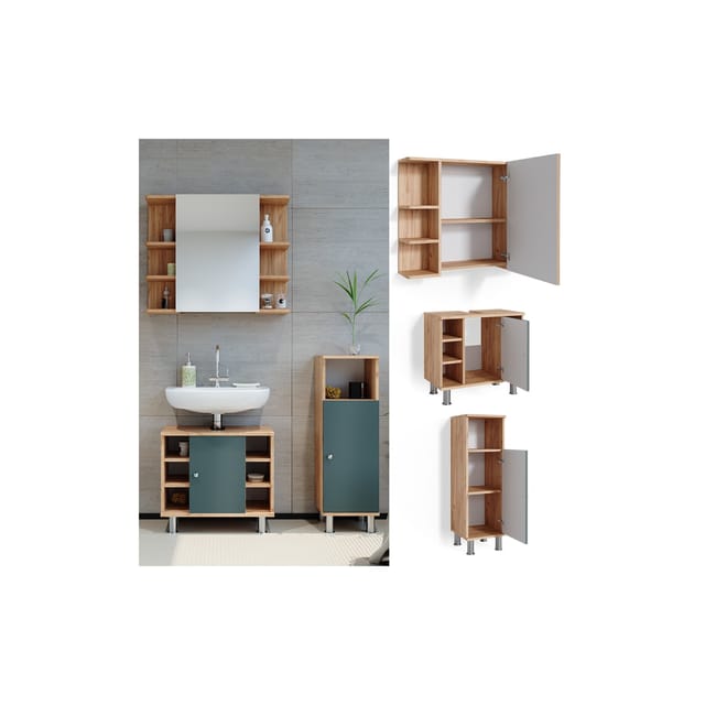 Vicco Badmöbel-Set Fynn Grün/Goldkraft Eiche 3 Teile mit Midischrank
