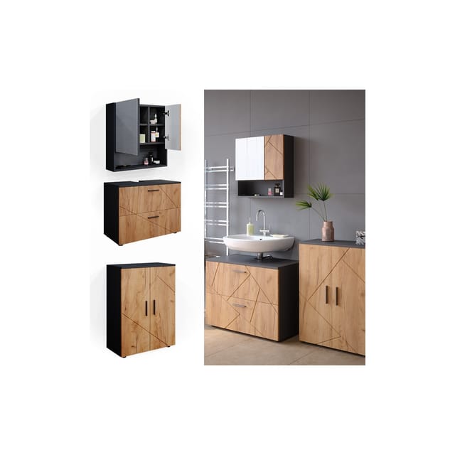 Vicco Badmöbel-Set Irma Anthrazit/Eiche 3 Teile mit Unterschrank 80 cm