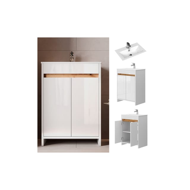 Vicco Badmöbel-Set Lemgo Weiß Hochglanz 2 Teile Unterschrank 60 cm