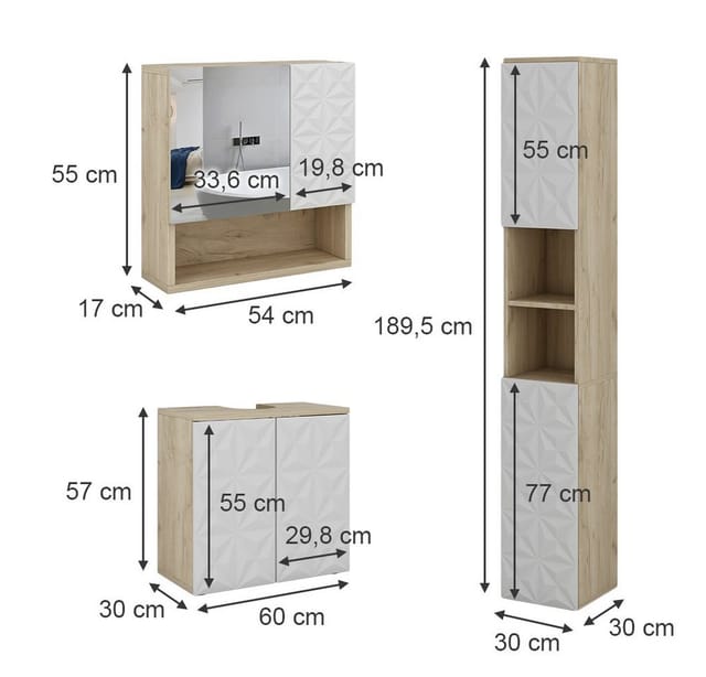 Vicco Badmöbel-Set Edge Weiß/Eiche 3 Teile mit Hochschrank