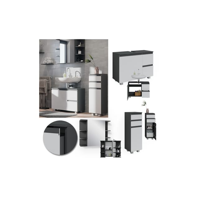 Vicco Badmöbel-Set J-Shape Weiß/Anthrazit 3 Teile mit Midischrank