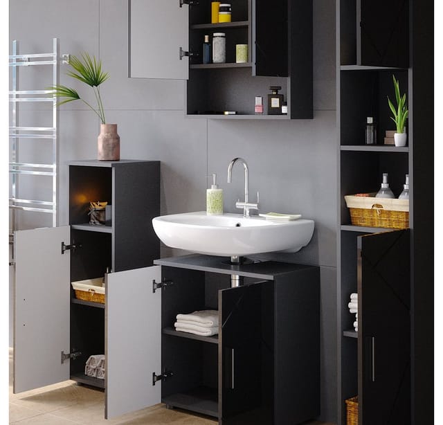 Vicco Badmöbel-Set Irma Anthrazit Hochglanz 4 Teile mit Hochschrank