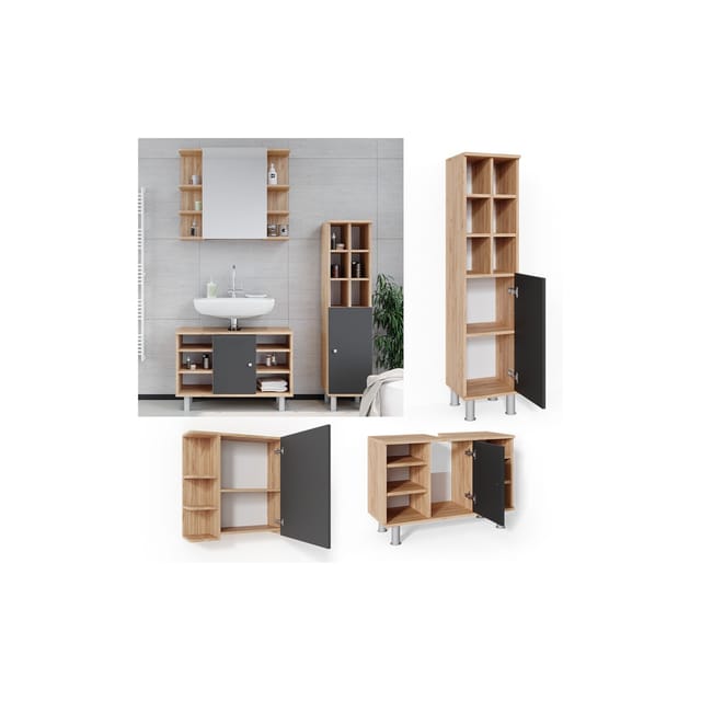 Vicco Badmöbel-Set Fynn Goldkraft Eiche/Anthrazit 3 Teile mit Midischrank Tür Groß